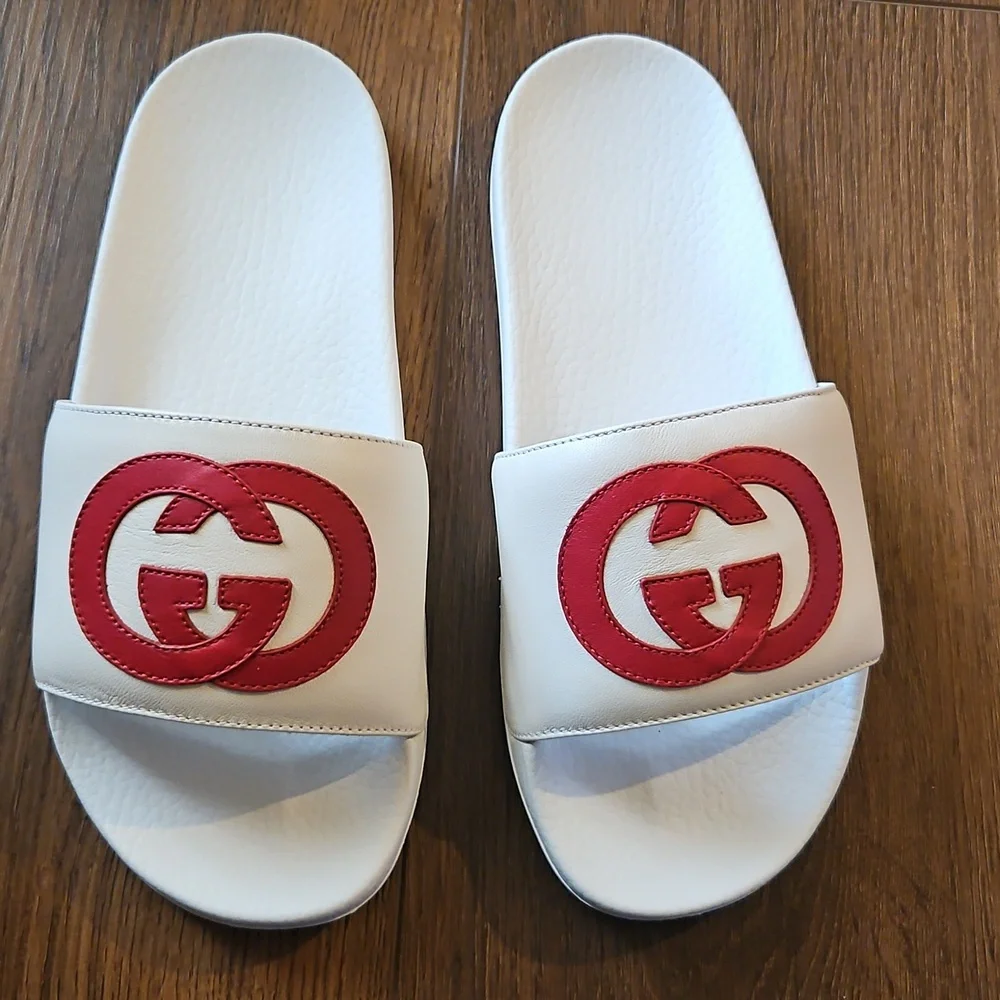 GUCCI INTERLOCKING G LEATHER SLIDES WHITE SIZE EU 38 - Picture 12 of 16